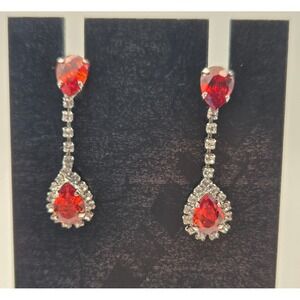 Valentines Day Sparkly Red Clear Crystal Rhinestone Drop Earrings 1 inch